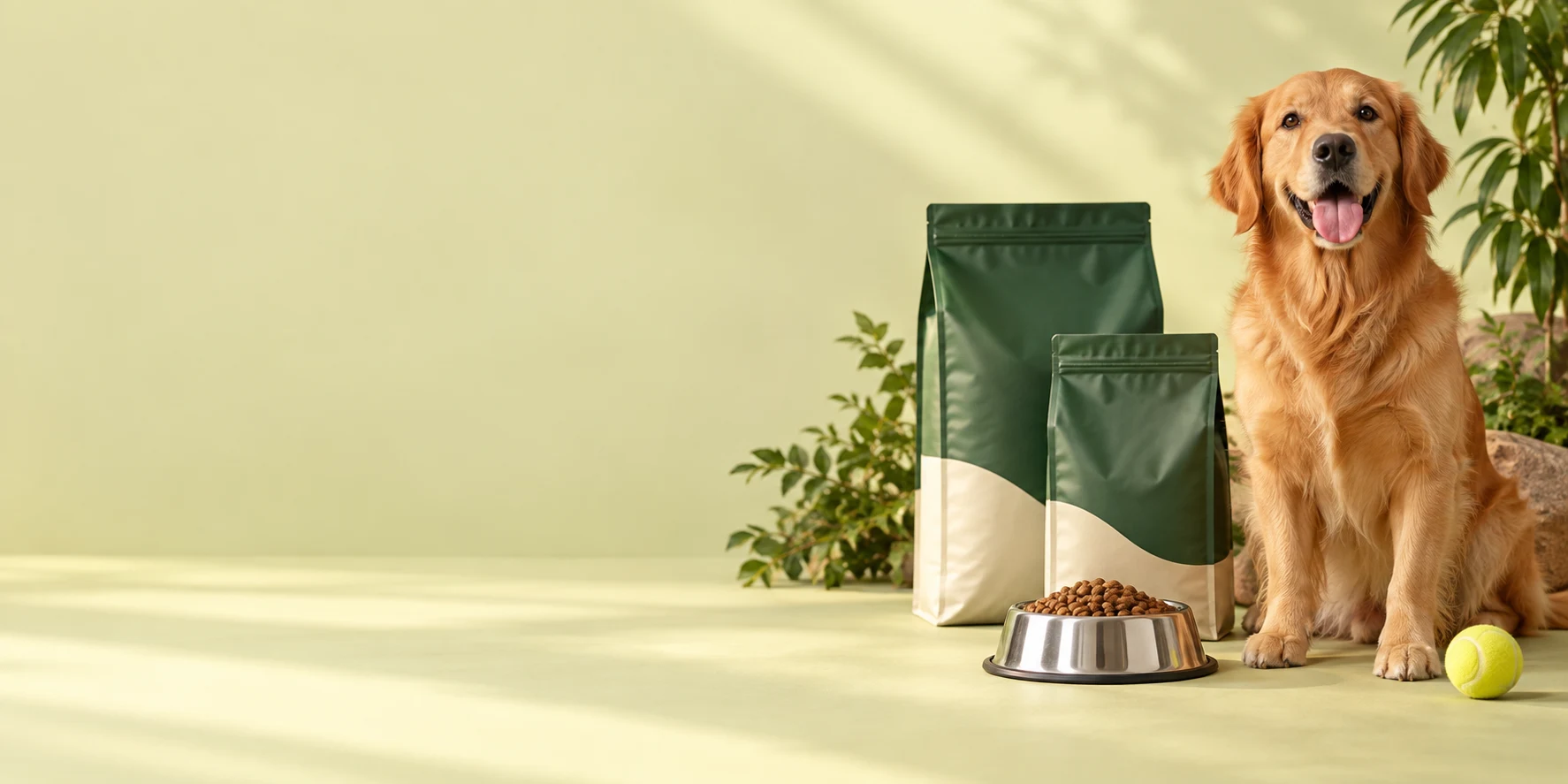 Cachorro dourado com alimentos e acessórios para pets
